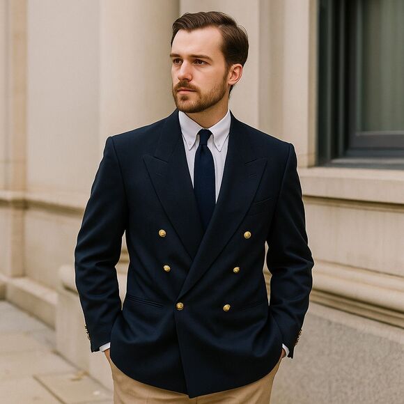 Van Gils Wool Blazer Men's 36R Navy Blue Double Breasted Gold Buttons Classic - Picture 1 of 8